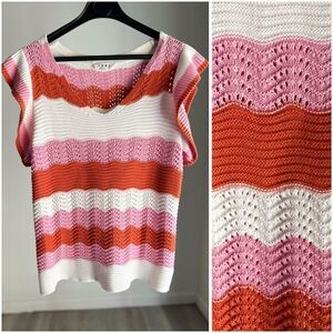 THML Anthropologie Crochet Wave Knit Top Pink Orange Cotton Small